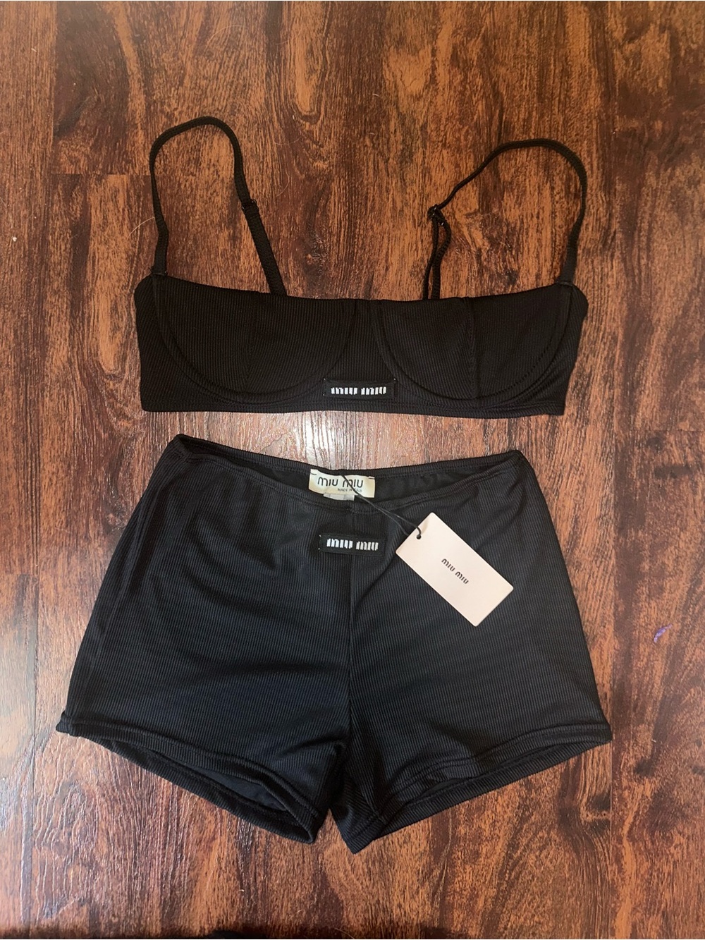 Miu Miu Black Ribbed Bralette and Short Set